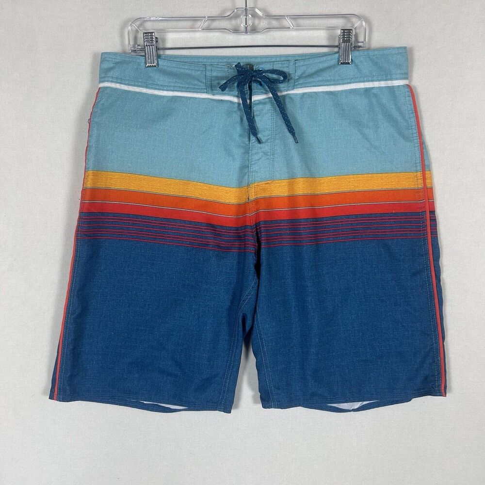 Surf Style Hybrid BoardShorts Mens Size 34 Blue Stripe Chino Pockets Swim Pool